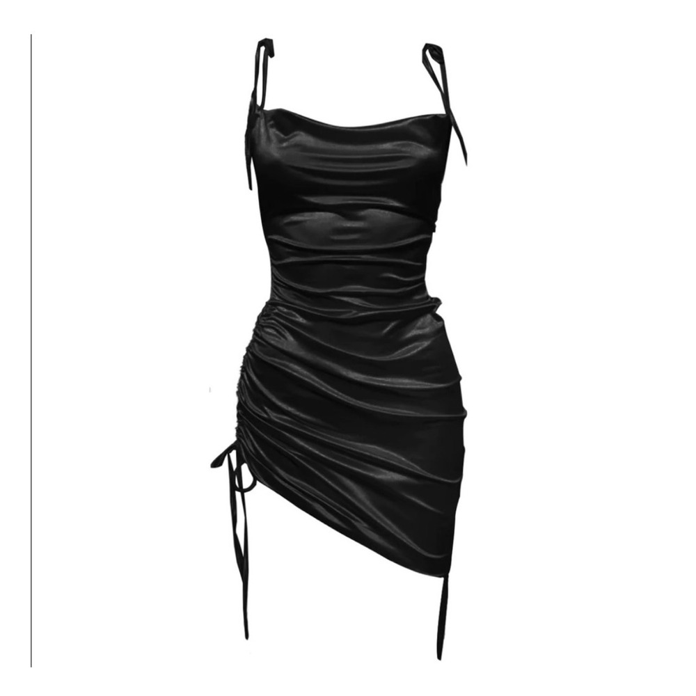 Leau Cabo Mini Dress in Black Size Medium Satin Ruched LBD Going Out Party